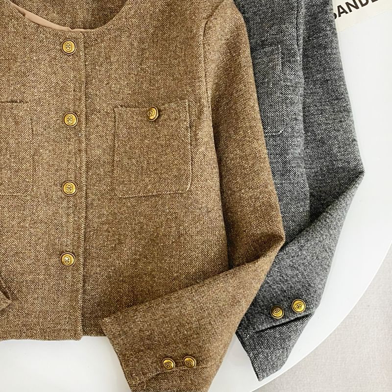 Round Neck Melange Tweed Button Jacket