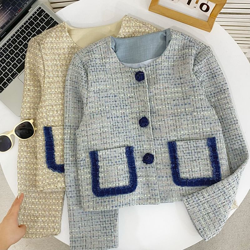 Round Neck Contrast Trim Tweed Rose Button Jacket