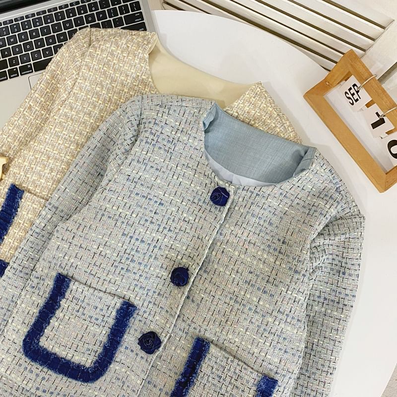 Round Neck Contrast Trim Tweed Rose Button Jacket