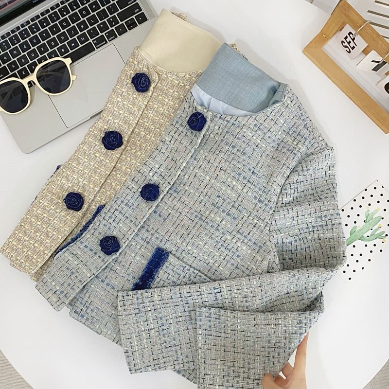 Round Neck Contrast Trim Tweed Rose Button Jacket