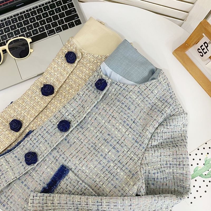 Round Neck Contrast Trim Tweed Rose Button Jacket