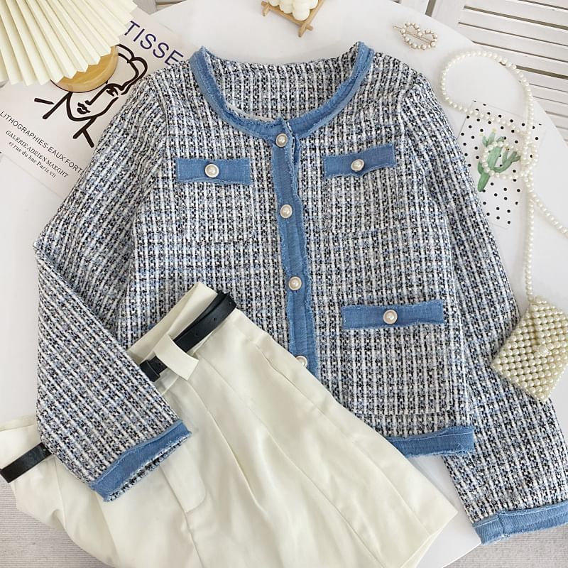 Round Neck Plaid Contrast Trim Tweed Button Jacket