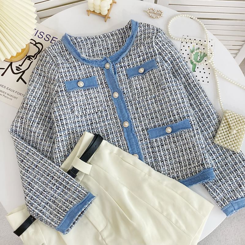 Round Neck Plaid Contrast Trim Tweed Button Jacket