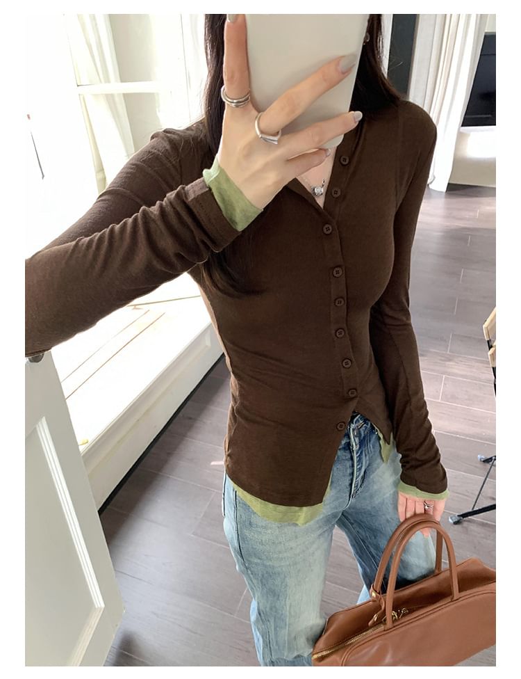 Two-Tone Mock Two-Piece Button Up Cardigan