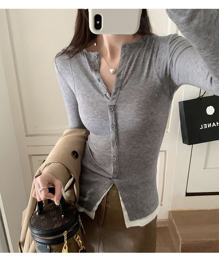 Two-Tone Mock Two-Piece Button Up Cardigan
