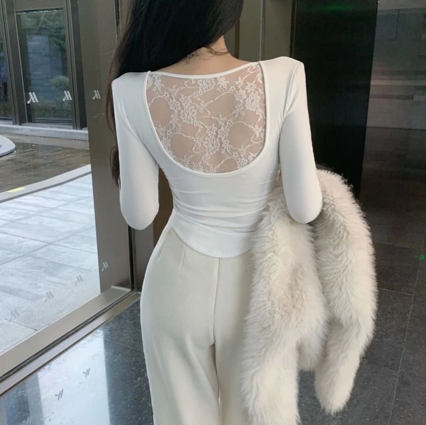 Lace Panel Crop Top Slim Fit
