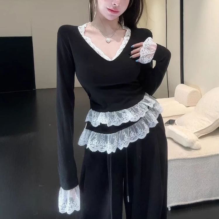 Layered Lace Panel Slim-Fit Top
