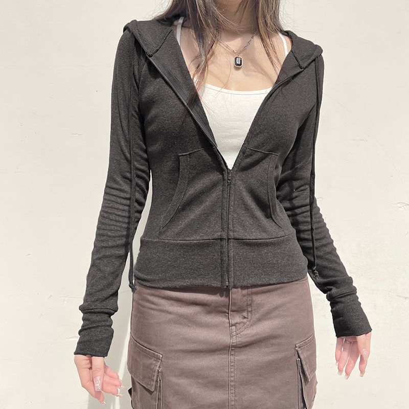 Hoodie Up Zip Plain Drawstring