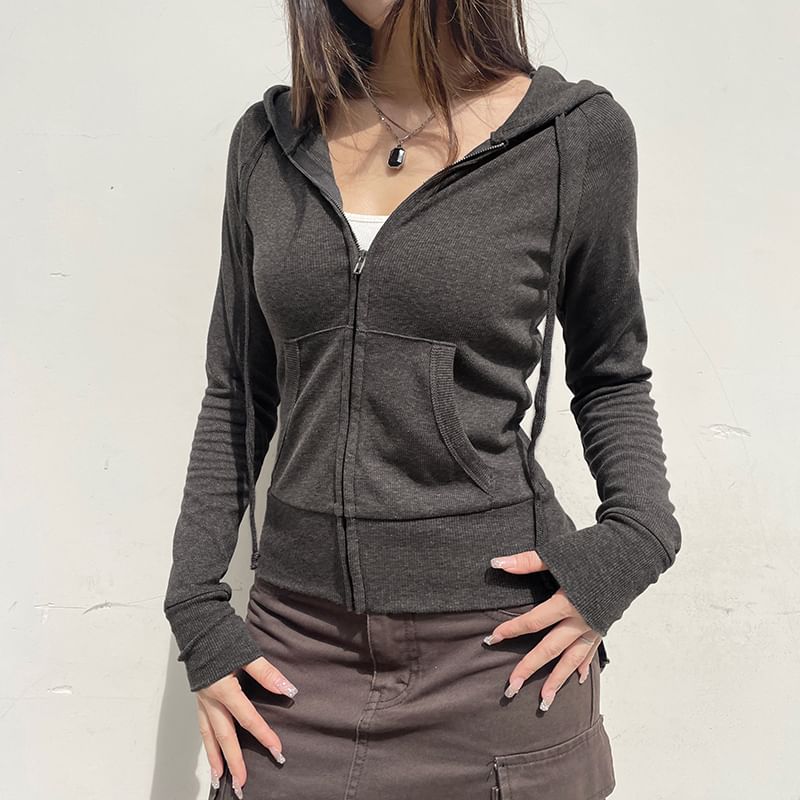 Hoodie Up Zip Plain Drawstring