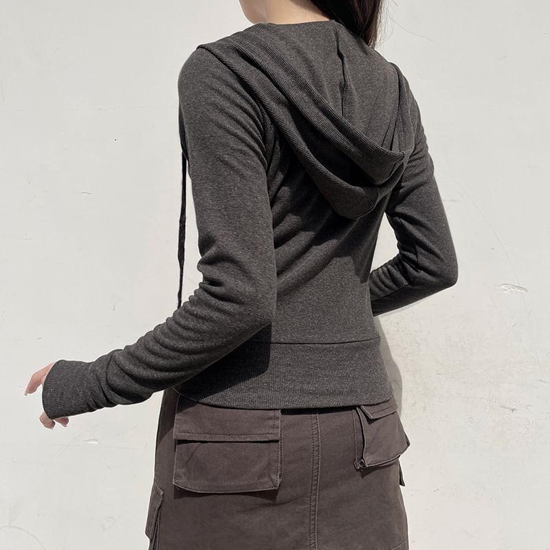 Hoodie Up Zip Plain Drawstring