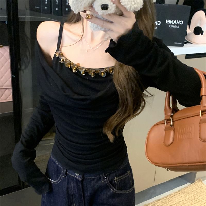 Mock Shoulder Piece Off Top Long Sleeve Two