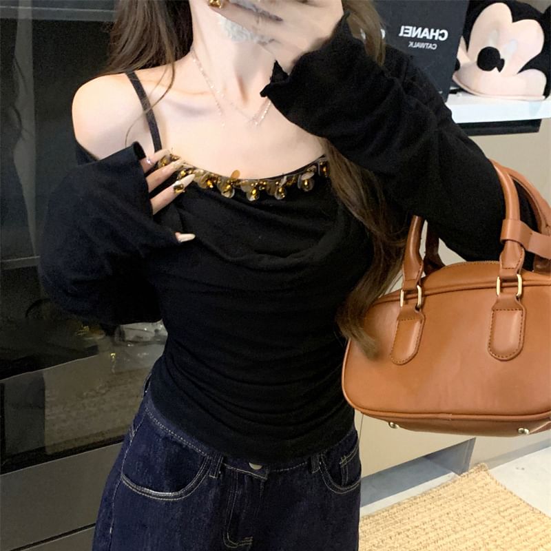 Mock Shoulder Piece Off Top Long Sleeve Two