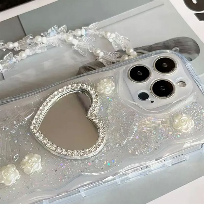 Pearl Case Set Strap Faux Mirrored Phone / Heart