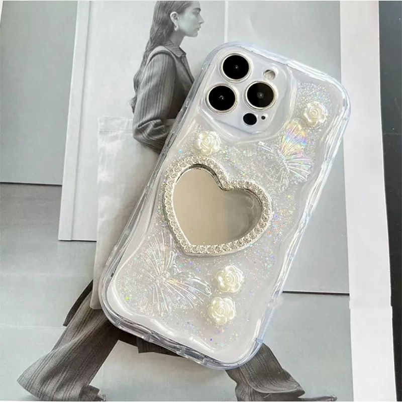 Pearl Case Set Strap Faux Mirrored Phone / Heart