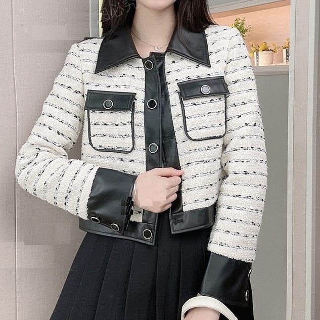 Collared Tweed Panel Faux Leather Button Jacket