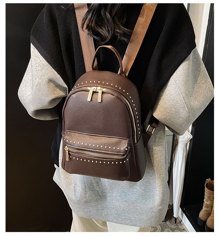 Studded Leather Faux Backpack Plain