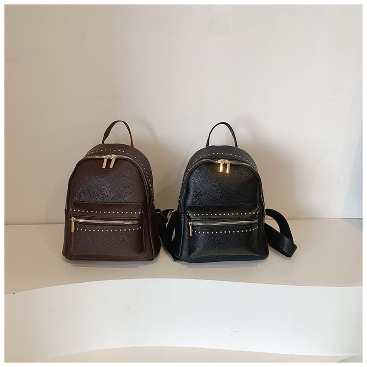 Studded Leather Faux Backpack Plain