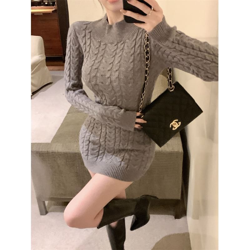 Sheath Dress Neck Back Cable Mini Open Knit Mock Long-Sleeve