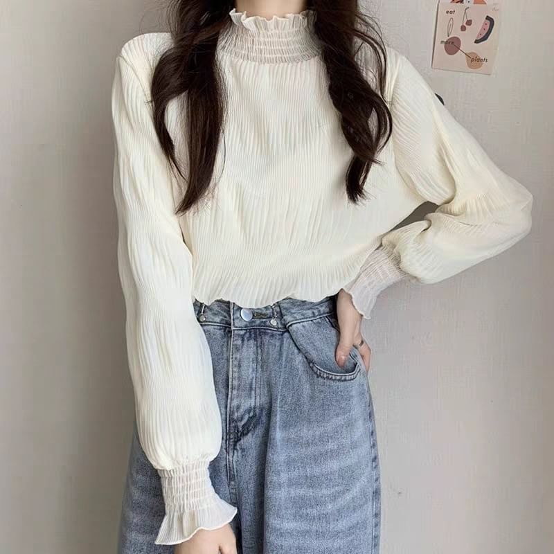 Frill-Trimmed Mock Neck Lace Blouse