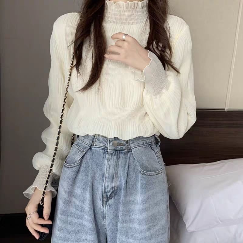Frill-Trimmed Mock Neck Lace Blouse