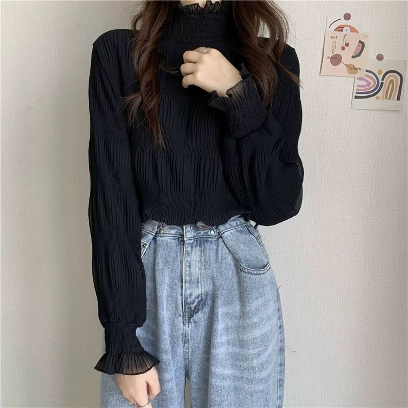 Frill-Trimmed Mock Neck Lace Blouse