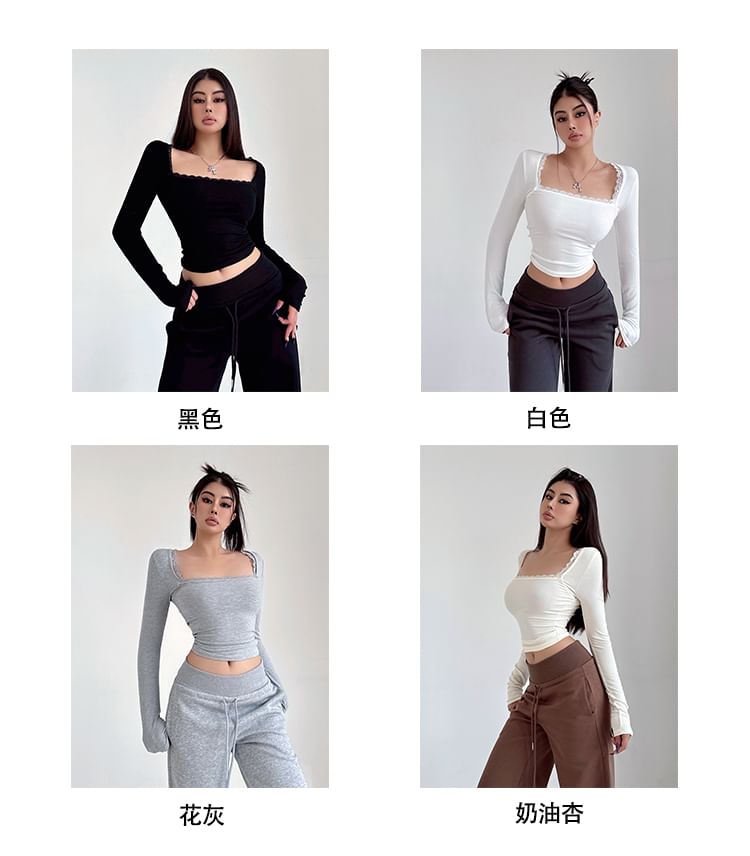 Square Neck Lace-Trim Cropped Tee