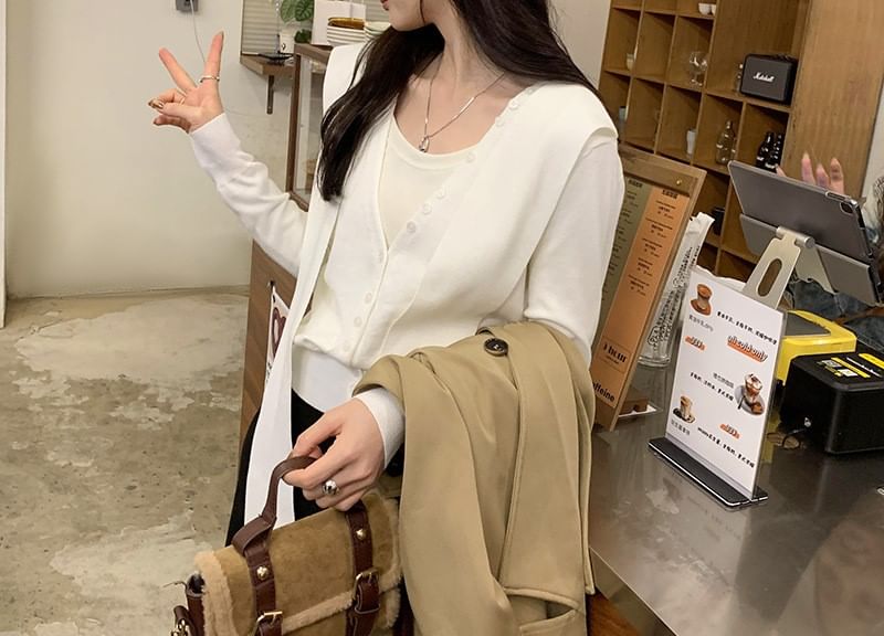 Plain V-Neck Mock Two-Piece Button Front Cardigan