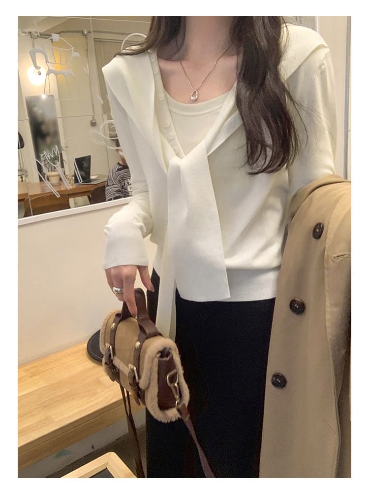 Plain V-Neck Mock Two-Piece Button Front Cardigan