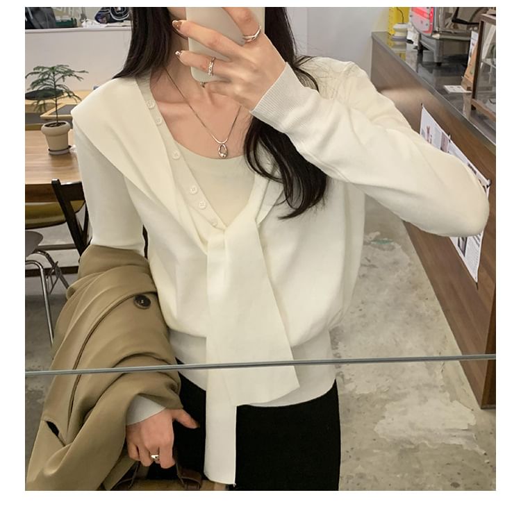 Plain V-Neck Mock Two-Piece Button Front Cardigan