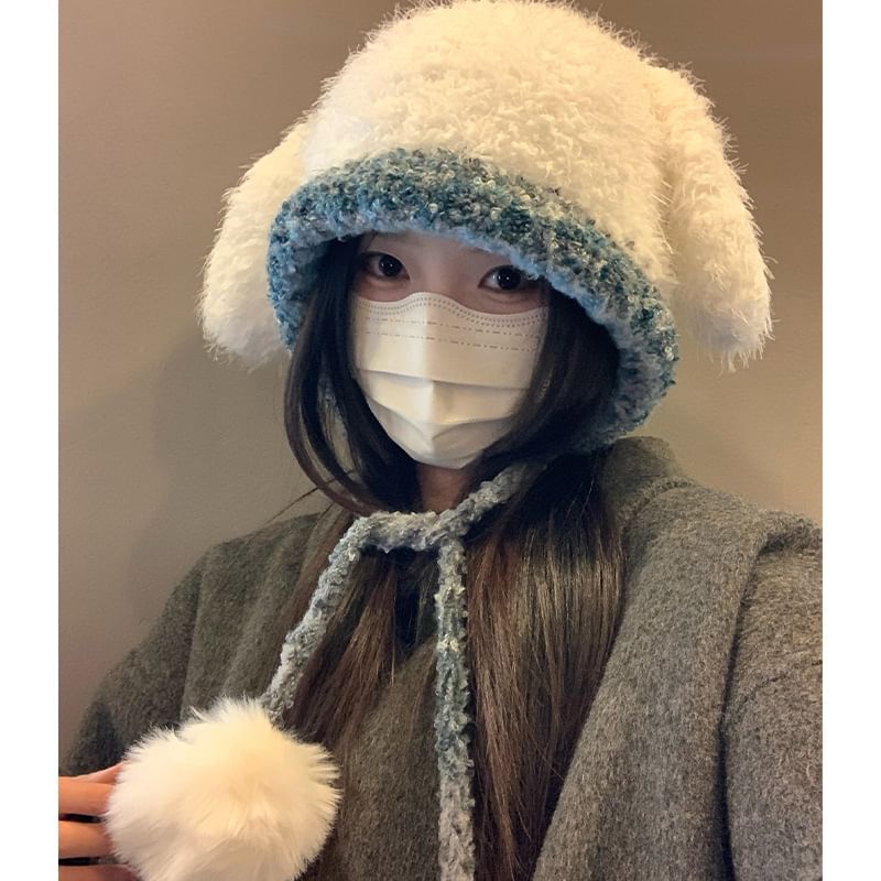 Hat Rabbit Knit Fluffy Panel Pom Ear
