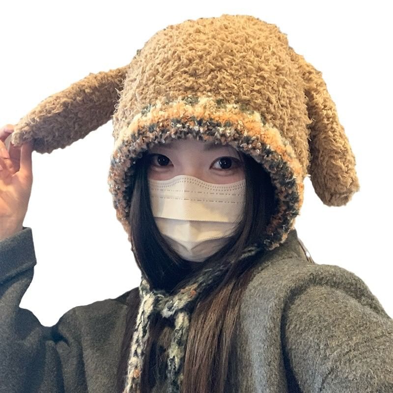 Hat Rabbit Knit Fluffy Panel Pom Ear