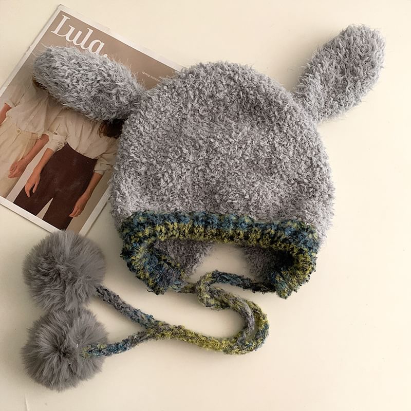 Hat Rabbit Knit Fluffy Panel Pom Ear