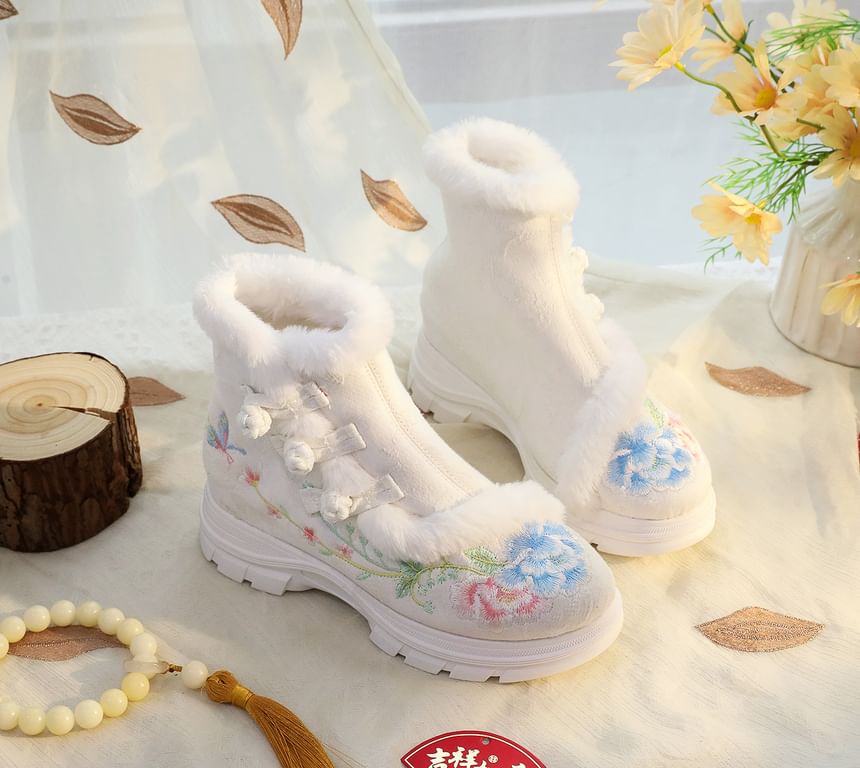Floral Trim Lace-Up Short Boots Furry Embroidery