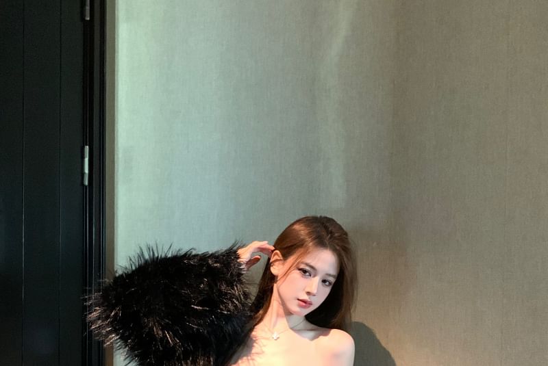 Tube Fluffy Panel / Leather Faux Bodycon Sequin Jacket Dress Plain Mini