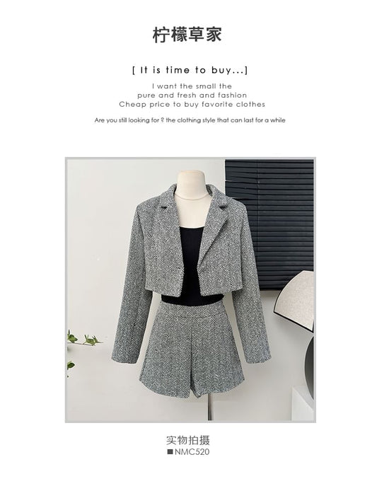 Set: Cropped Lapel Tweed Blazer + High-Waist Dress Shorts