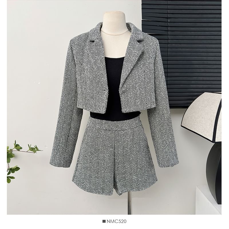 Set: Cropped Lapel Tweed Blazer + High-Waist Dress Shorts
