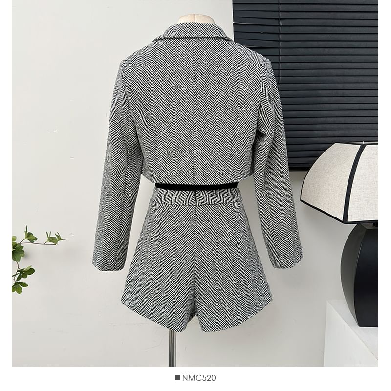 Set: Cropped Lapel Tweed Blazer + High-Waist Dress Shorts