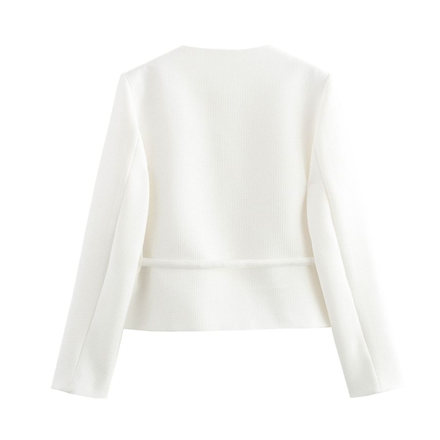 Round Neck Plain Tie-Waist Tweed Button Jacket