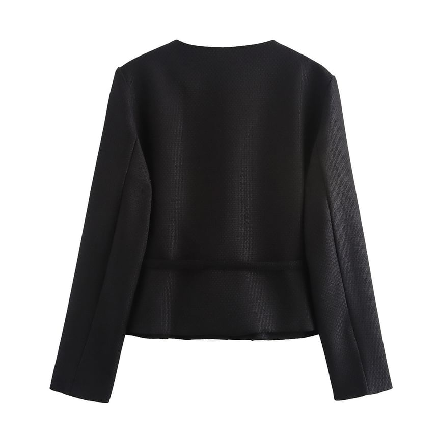Round Neck Plain Tie-Waist Tweed Button Jacket