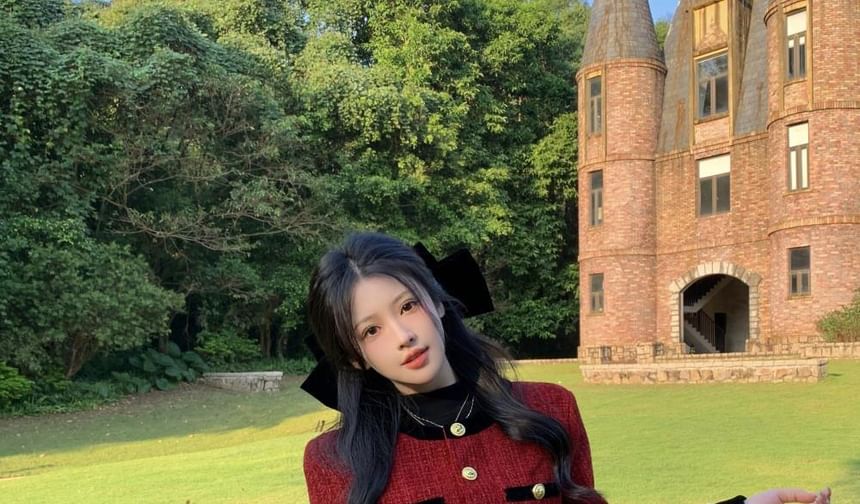 Long-Sleeve High Neck Plain Mini A-Line Layered Dress / Tweed Button-Up Jacket