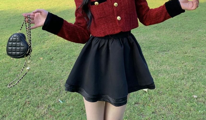 Long-Sleeve High Neck Plain Mini A-Line Layered Dress / Tweed Button-Up Jacket