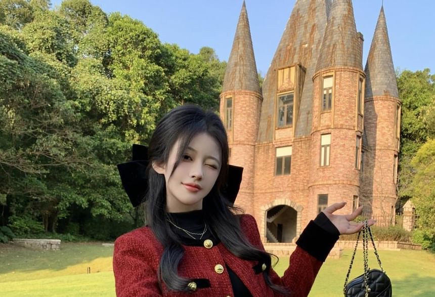 Long-Sleeve High Neck Plain Mini A-Line Layered Dress / Tweed Button-Up Jacket