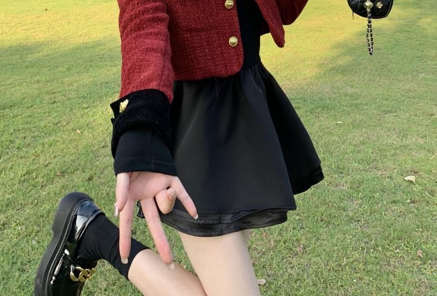 Long-Sleeve High Neck Plain Mini A-Line Layered Dress / Tweed Button-Up Jacket