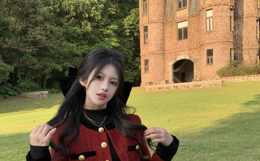 Long-Sleeve High Neck Plain Mini A-Line Layered Dress / Tweed Button-Up Jacket