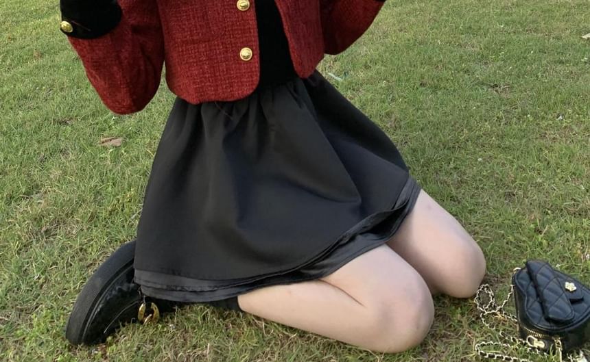 Long-Sleeve High Neck Plain Mini A-Line Layered Dress / Tweed Button-Up Jacket