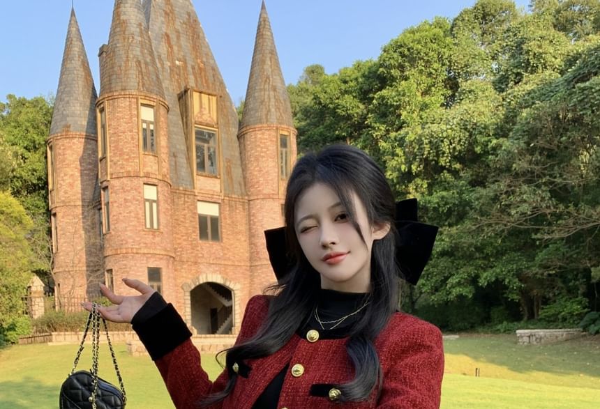 Long-Sleeve High Neck Plain Mini A-Line Layered Dress / Tweed Button-Up Jacket