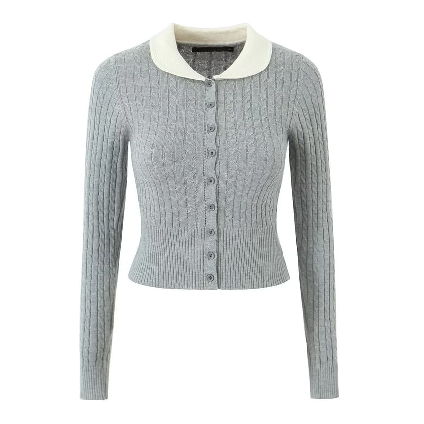 Slim-Fit Cable Knit Long Sleeve Collared Cardigan