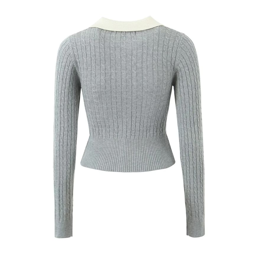 Slim-Fit Cable Knit Long Sleeve Collared Cardigan