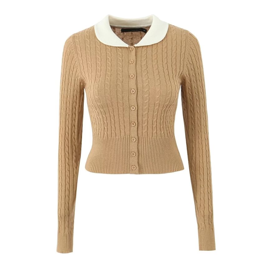 Slim-Fit Cable Knit Long Sleeve Collared Cardigan