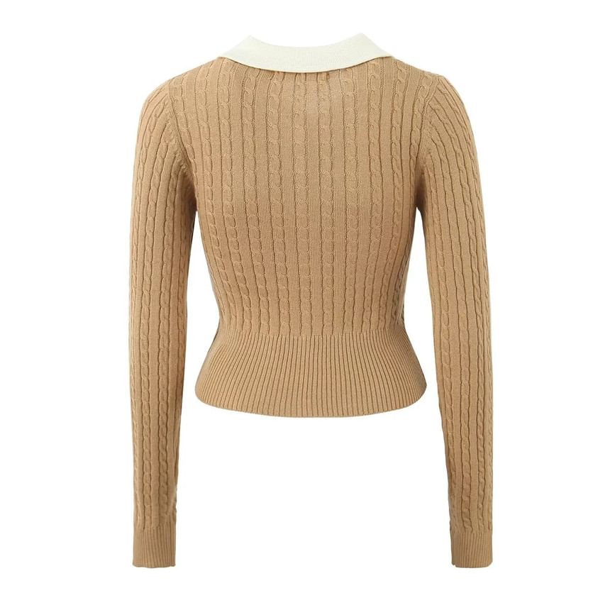 Slim-Fit Cable Knit Long Sleeve Collared Cardigan